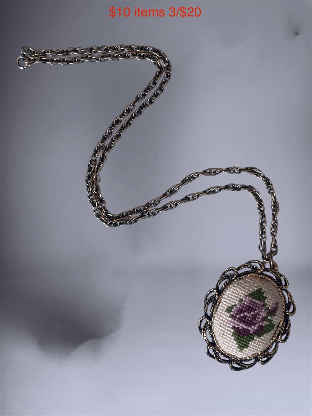 VTG Needlepoint Reverse Mirror Pendant Necklace